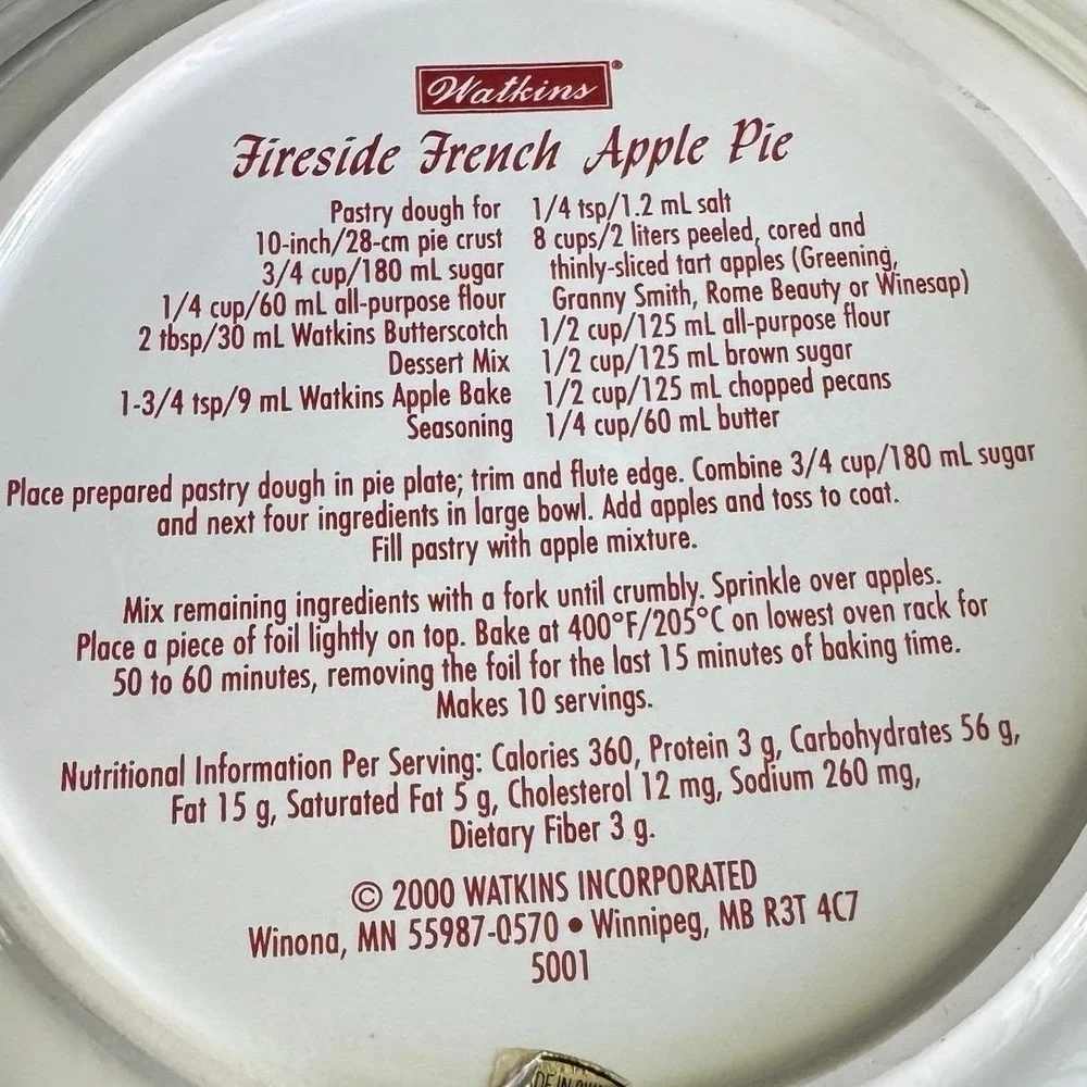 Watkins Fireside French Apple Pie Dish Ceramic‎ Recipe Plate Winter Sleigh 2000